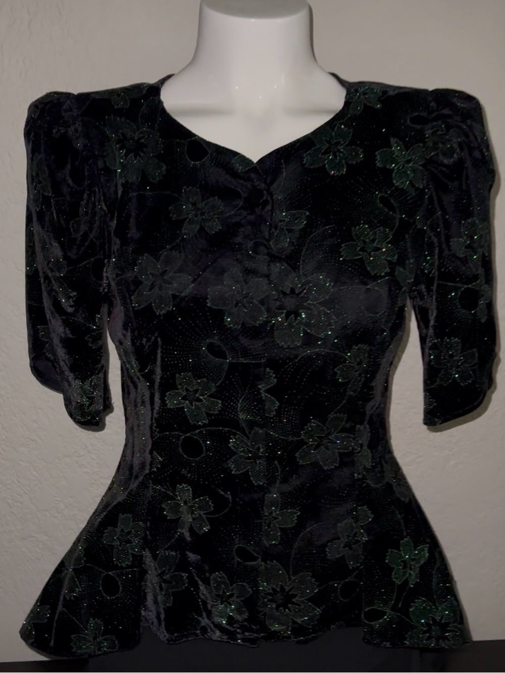 Vintage Velvet Floral Peplum Top with Green sparkles.